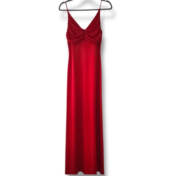 VTG Y2K Maxi Prom Slinky Dress M Red Ruched Neck Evening Long Whimsy Formal Vamp - Picture 1 of 11